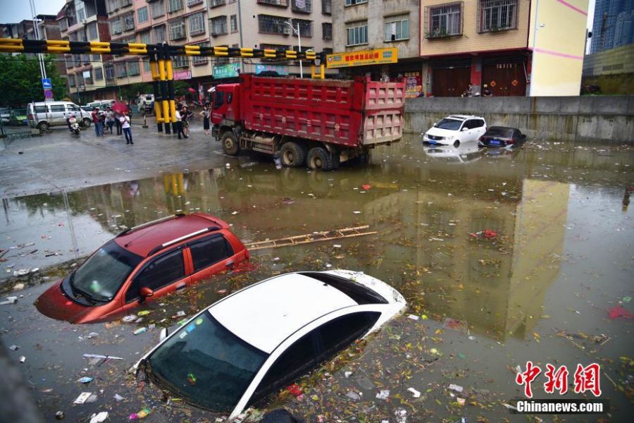6月13日早上6时许，广西柳州市下起倾盆大雨，致使该市柳江区拉堡镇乐都大道涵洞积水约2米，多辆停放在此的车辆被水泡。该涵洞还未启用，附近不少居民将此处当停车场，而入口处被绿色的铁丝网围住，悬挂着“施工重地，闲人免进”，“施工通道，禁止停车”等字样的警示牌。来源：中新网 王以照 摄