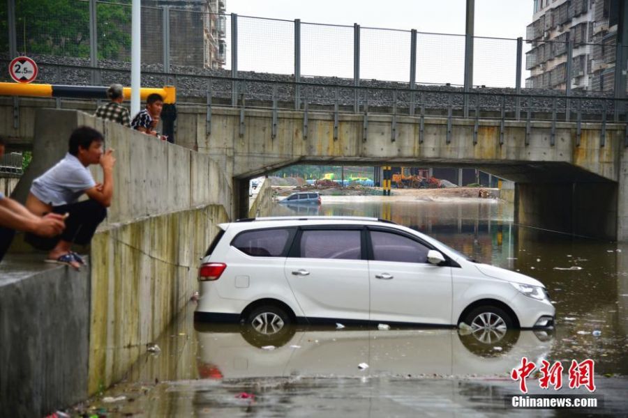6月13日早上6时许，广西柳州市下起倾盆大雨，致使该市柳江区拉堡镇乐都大道涵洞积水约2米，多辆停放在此的车辆被水泡。该涵洞还未启用，附近不少居民将此处当停车场，而入口处被绿色的铁丝网围住，悬挂着“施工重地，闲人免进”，“施工通道，禁止停车”等字样的警示牌。 王以照 摄