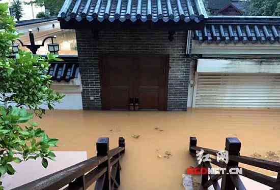 高大的院墙已经快完全淹没入水中，目前洪水依然还没有退的迹象。