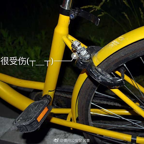 被损坏的共享单车。崇州市公安局官方微博截图