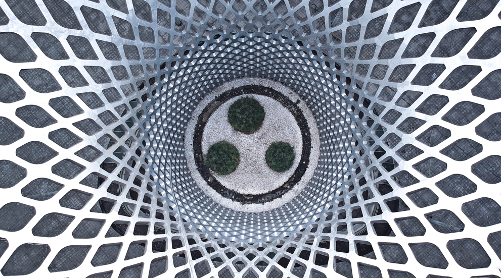 《万花筒》深圳湾体育公园有着交错的钢筋立面，“春茧”内部三株绿植正在生长。作者：陈飞行 航拍机型：大疆晓Spark 拍摄时间：2017.7